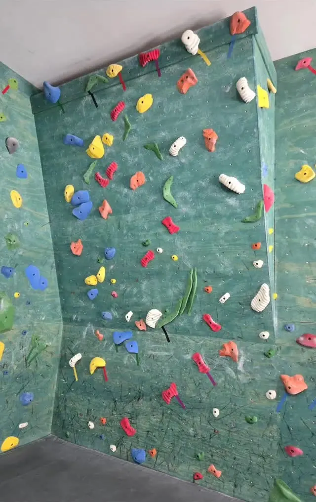 Tall green bouldering face with a new set of problems