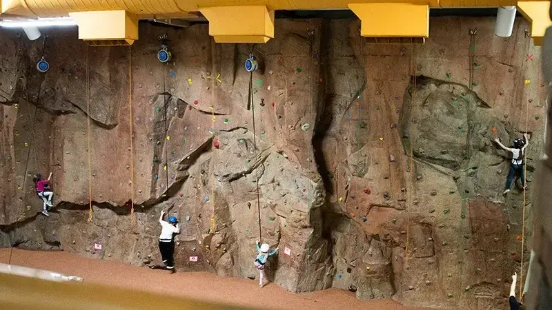 The rock-textured climbing wall with auto-belays and top ropes