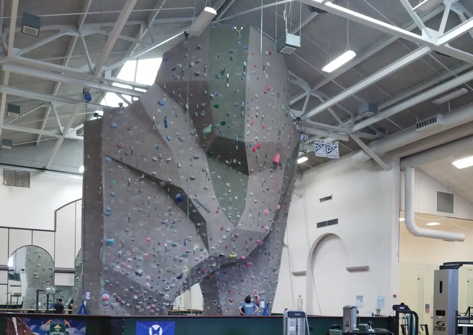 The tall climbing tower in the Rex Activity Center gym