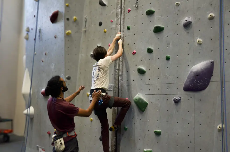 Crack climbing class on the roped wall