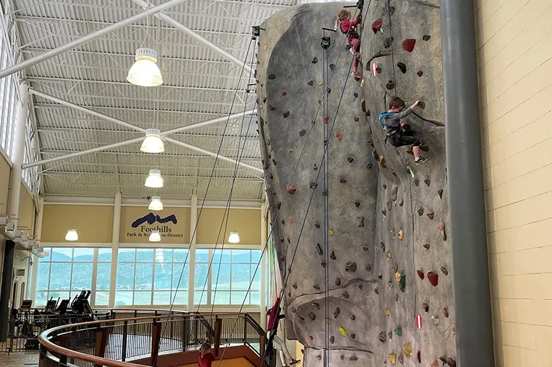Climbers on the 40-foot grey climbing tower beside the upper walkway