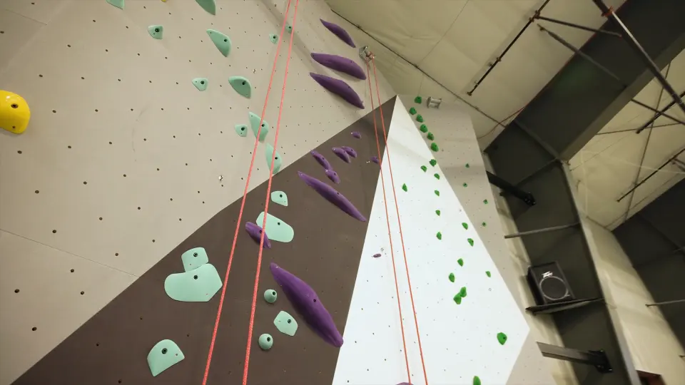 Looking up a roped route with purple and green holds