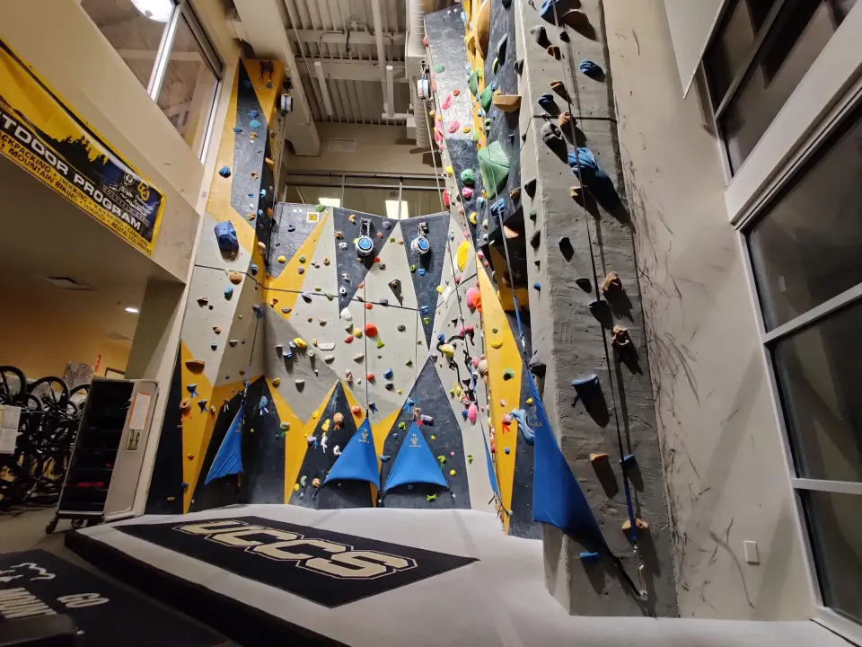 Yellow, black and grey climbing wall with auto-belays above a UCCS mat