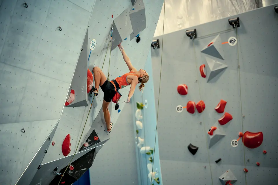 Climber on a steep roped route