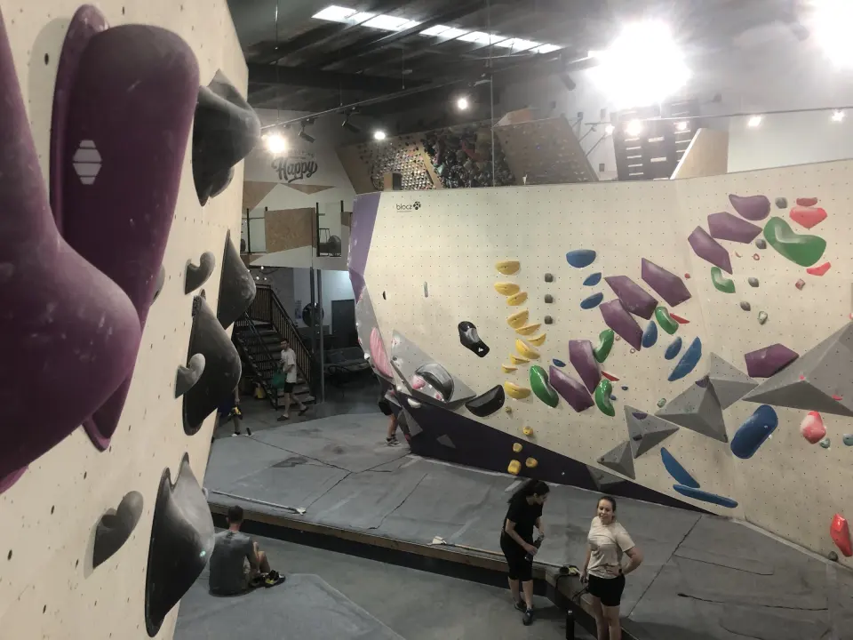 Long bouldering wall with yellow and purple holds