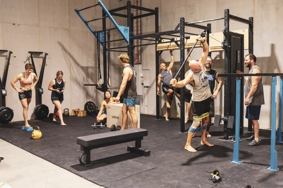 Training area with a pull-up rig, rings and free weights