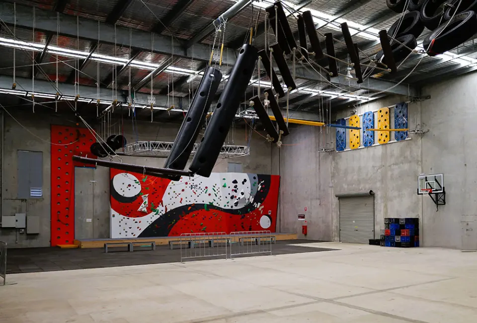Bouldering wall, climbing panels and suspended high ropes in Bundalong Hall