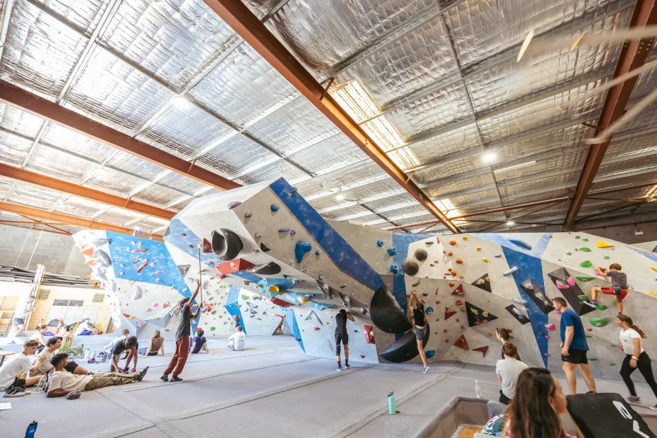 Bouldering hall under the warehouse roof at Adrenaline Vault Belmont
