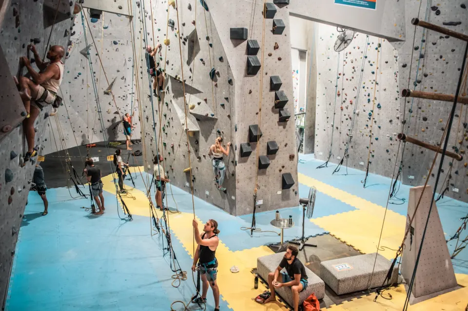 Climbers on the top-rope walls above the blue and yellow matted floor