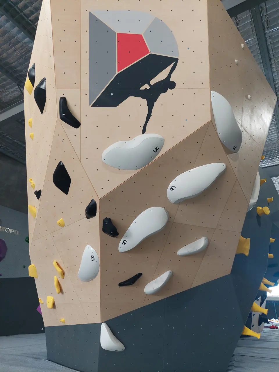 Freestanding boulder with the Dynomite logo
