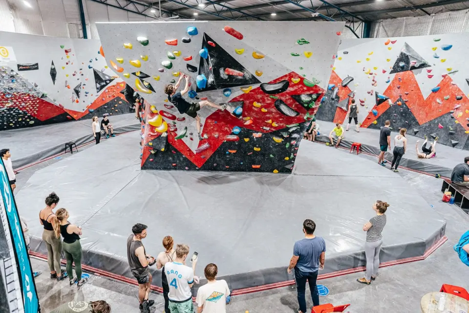 The bouldering hall at Pulse Climbing Warners Bay, with the central island and grey matting