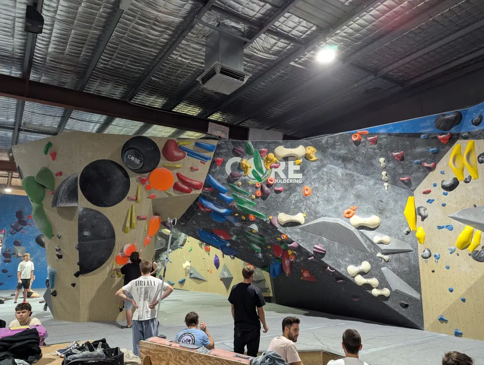 Main bouldering wall under the Core Bouldering sign