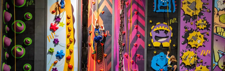 Row of colourful themed auto-belay climbing walls