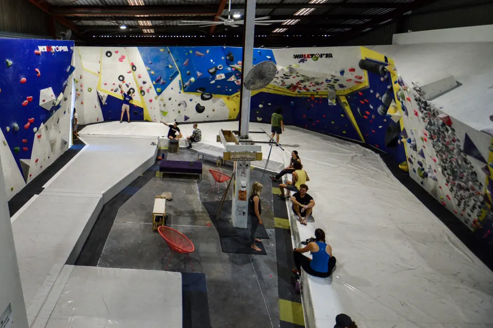 Bouldering hall with blue and yellow Walltopia walls seen from above