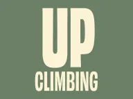UP Climbing logo in cream letters on green