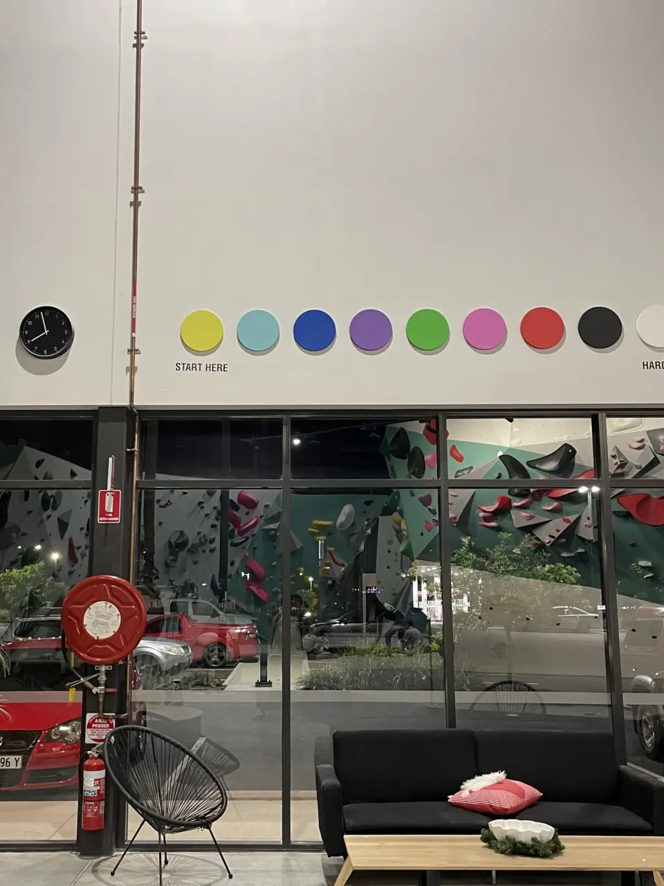 Strip of grade colours on the wall above the lounge by the windows