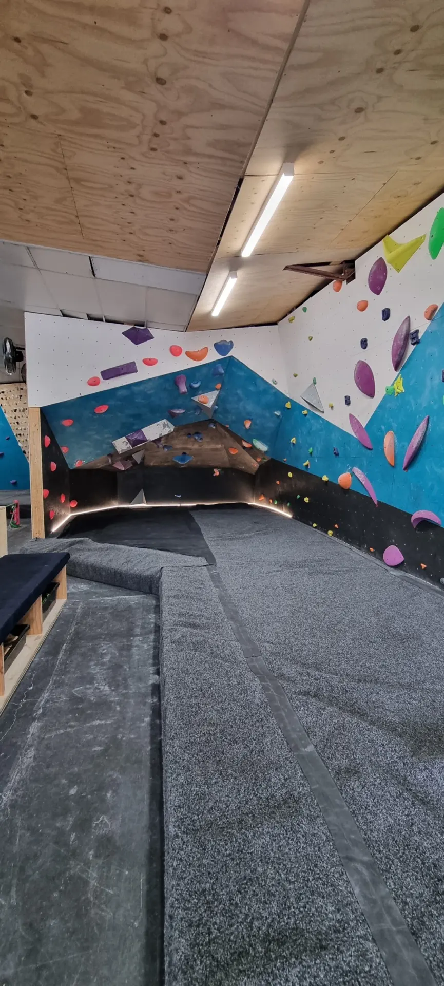 Matted floor running along the bouldering walls under a timber ceiling