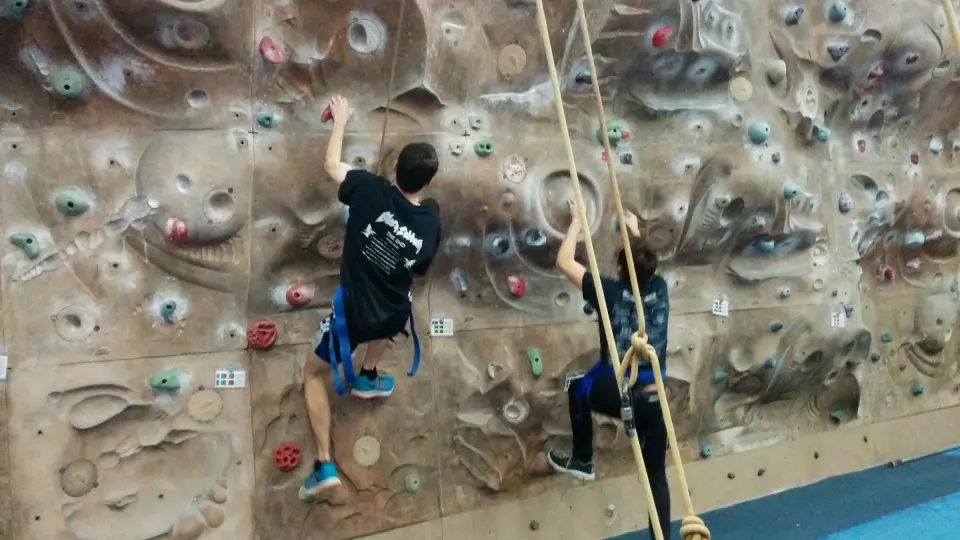 Two climbers side by side on the textured wall