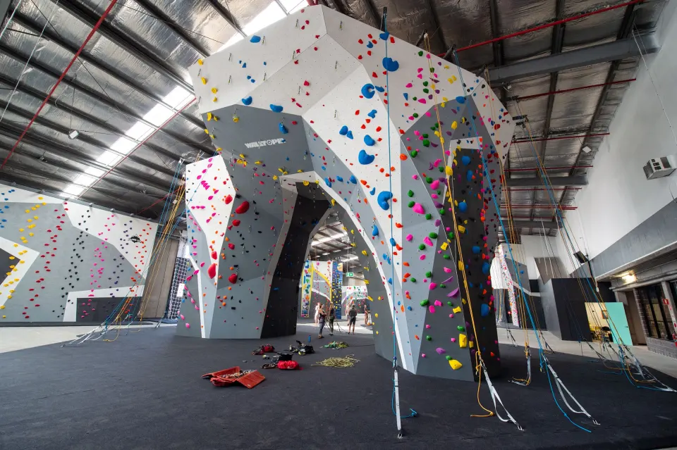 The lead climbing arch at Climb Fit Kirrawee, with top ropes hanging from the walls around it