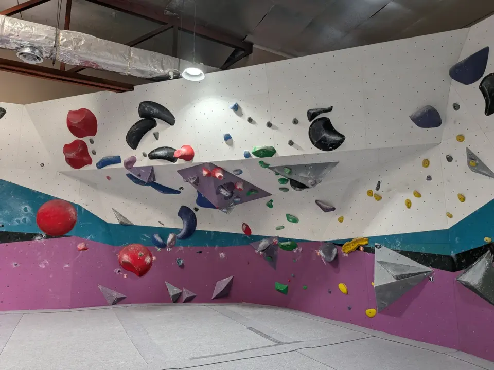 The Bat Cave, an overhanging corner with big red and black holds