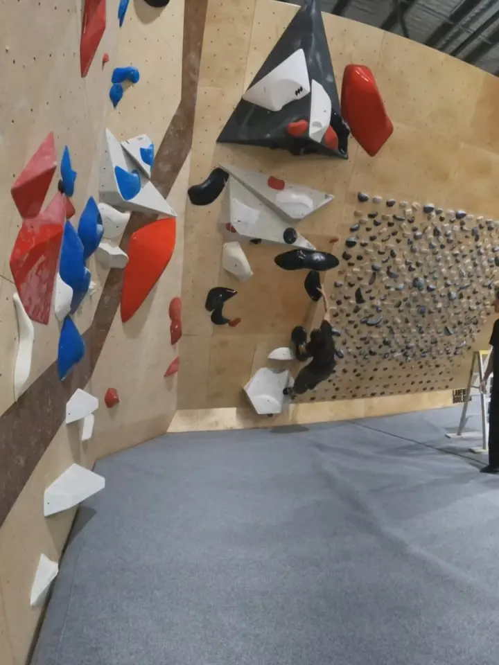 Curving wall with red and blue holds and a panel of small training holds