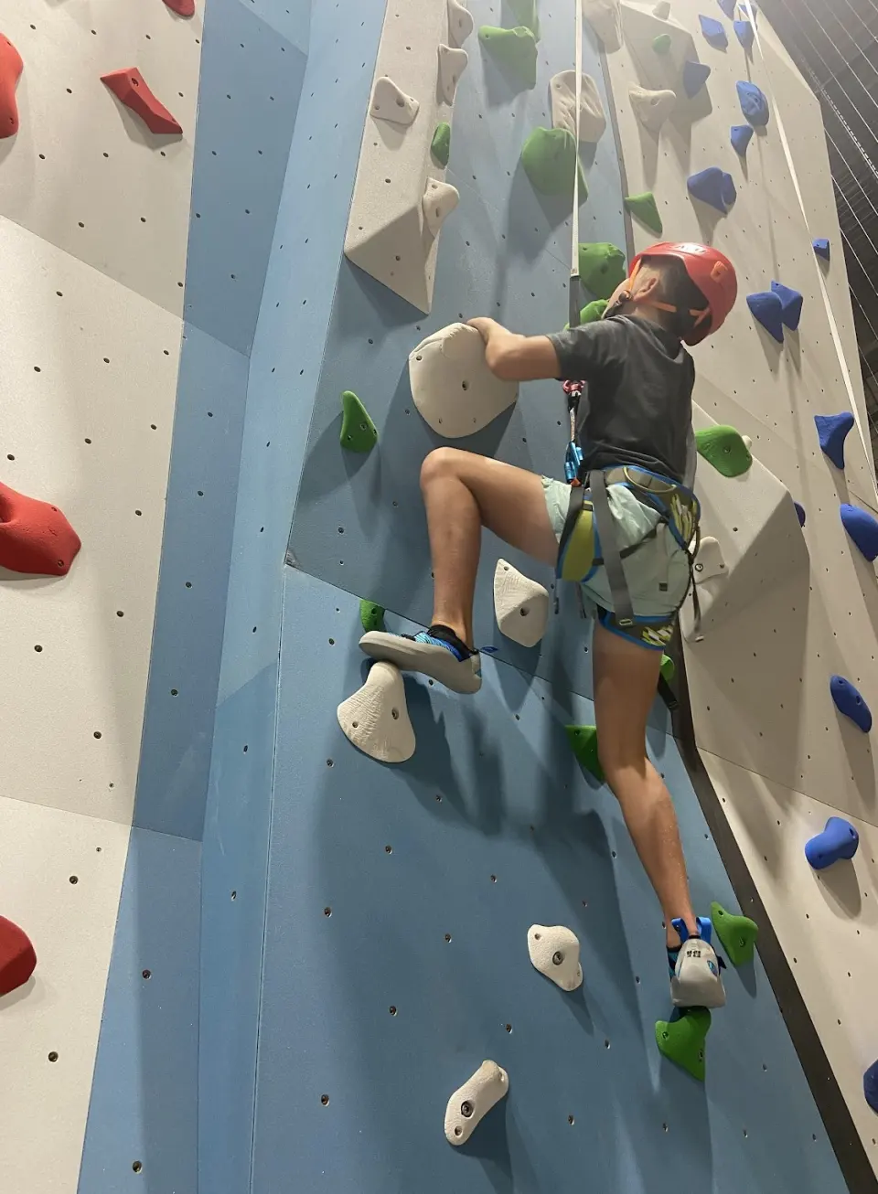 Young climber on a blue lane of the climbing wall