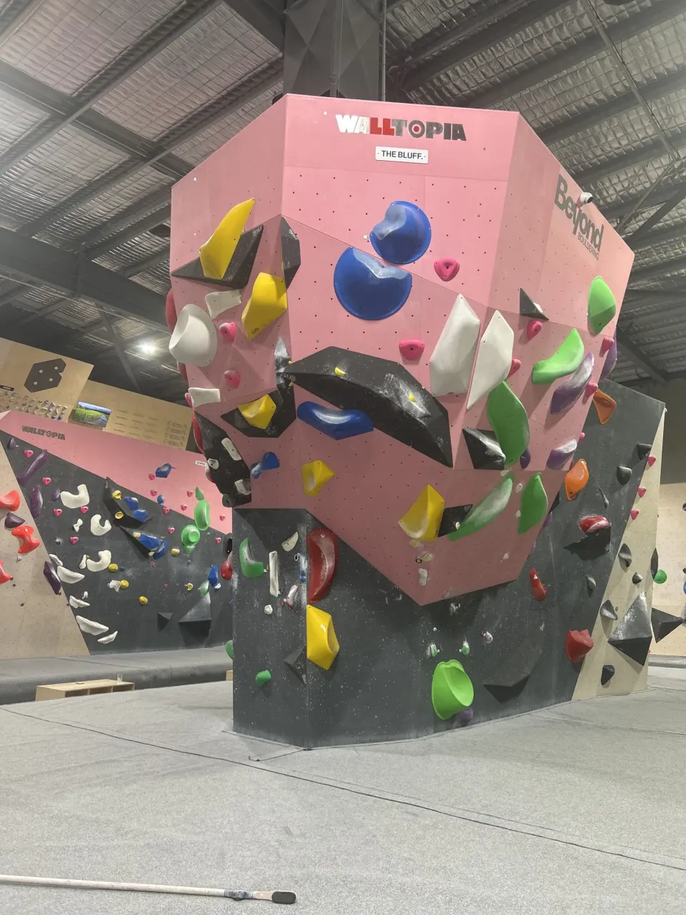 Tall pink freestanding boulder with coloured holds and volumes