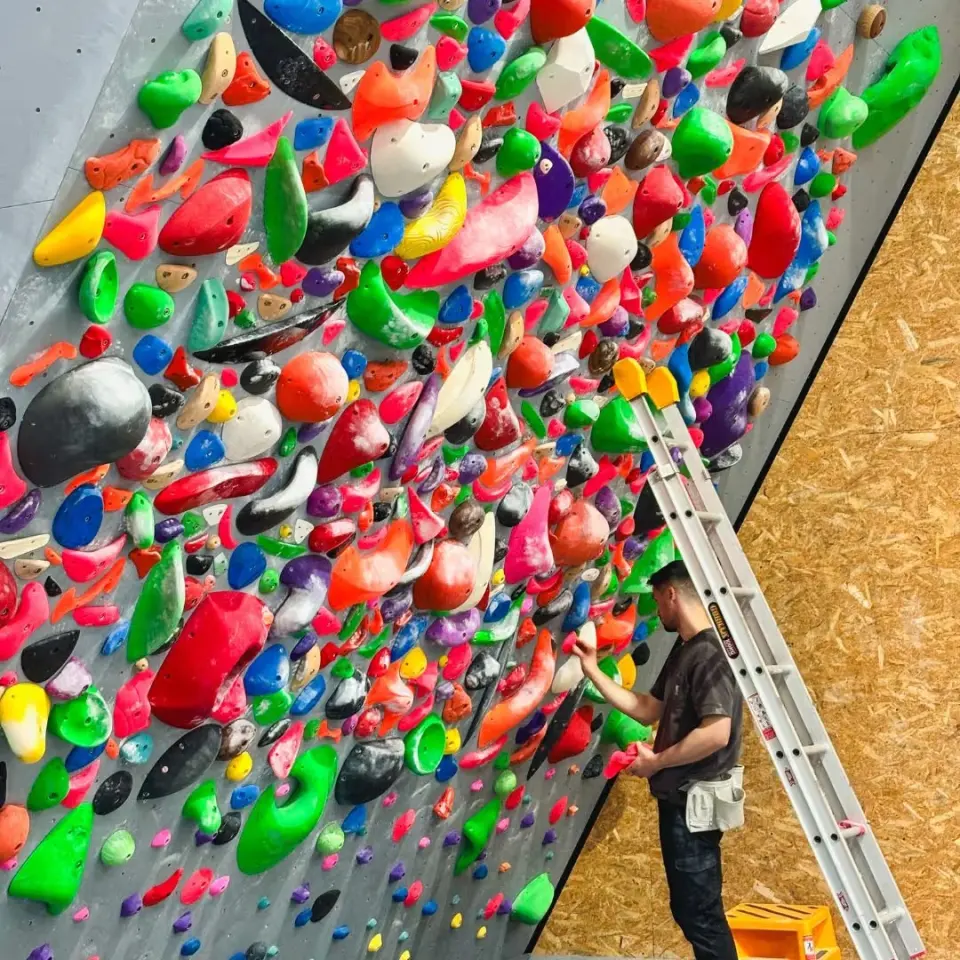 Spray wall packed with holds beside a ladder