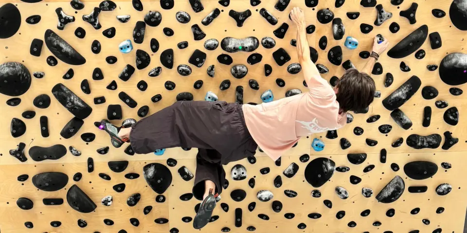Climber on the wooden Grasshopper training board