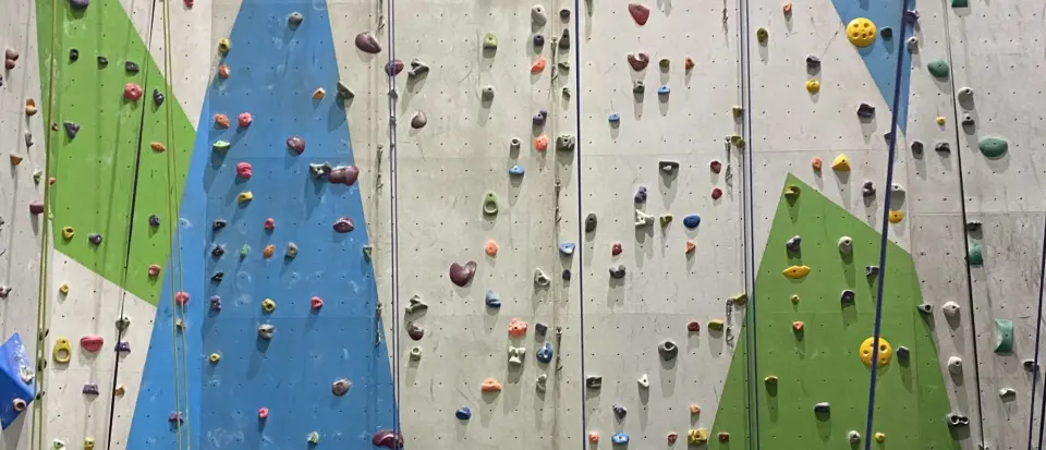 Top-rope lines on grey walls with blue and green panels