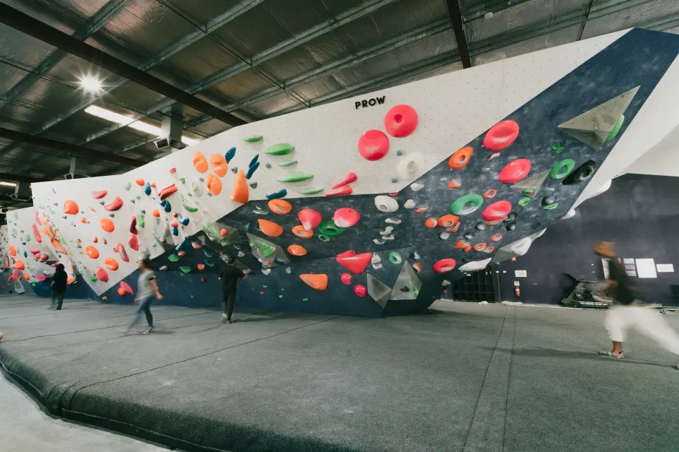 The Prow, a long overhanging bouldering wall at Portside Boulders in Osborne Park, Perth, above thick matting