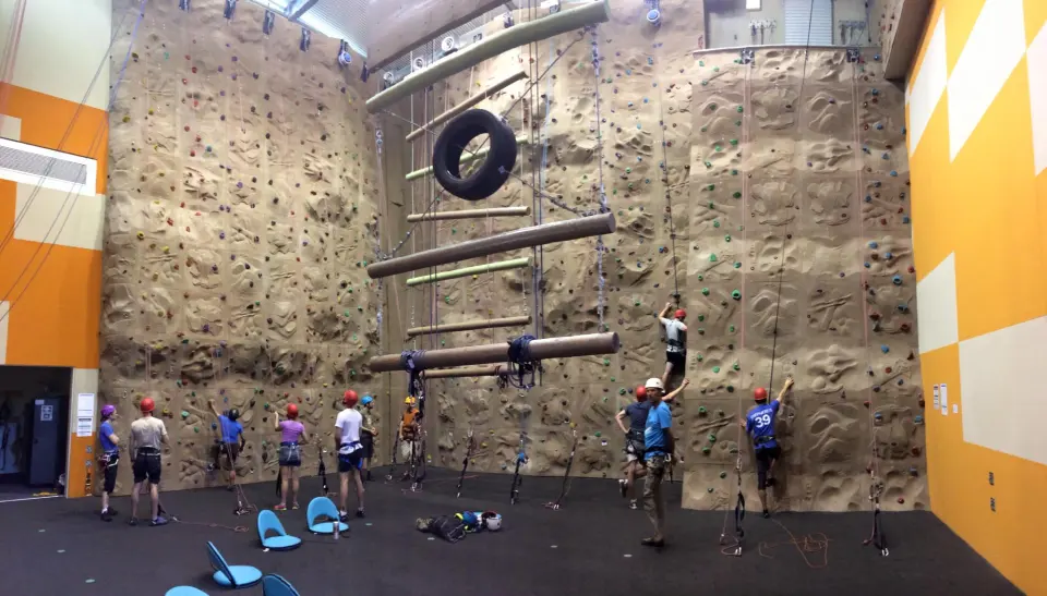 Climbers on top ropes on the tall textured walls, with a hanging tyre and log course in the middle of the hall