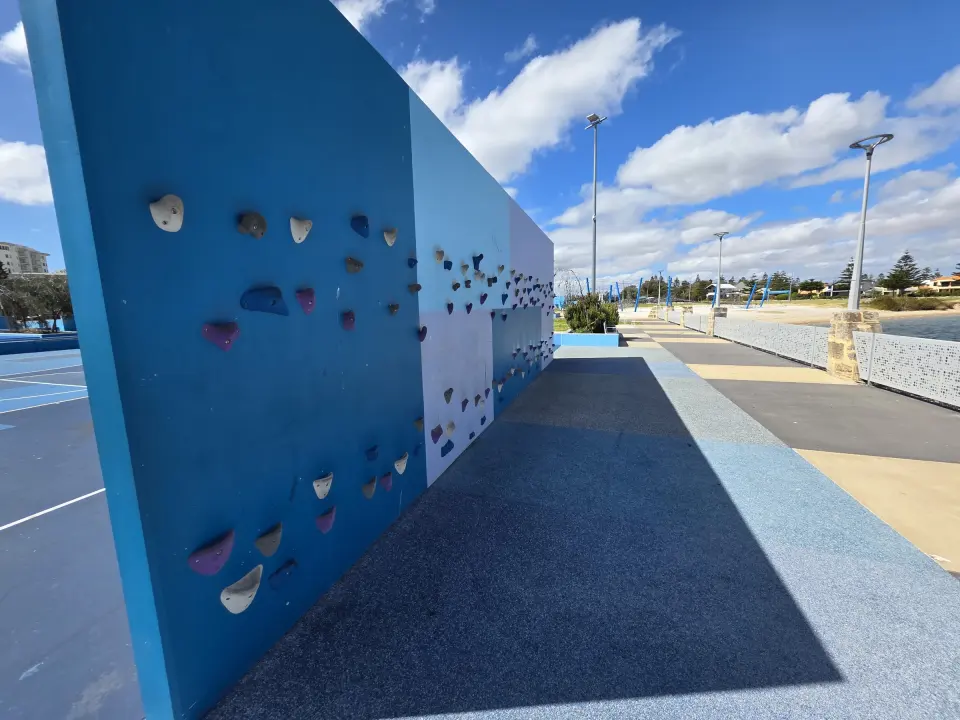 The climbing wall beside the foreshore path along the Leschenault Inlet