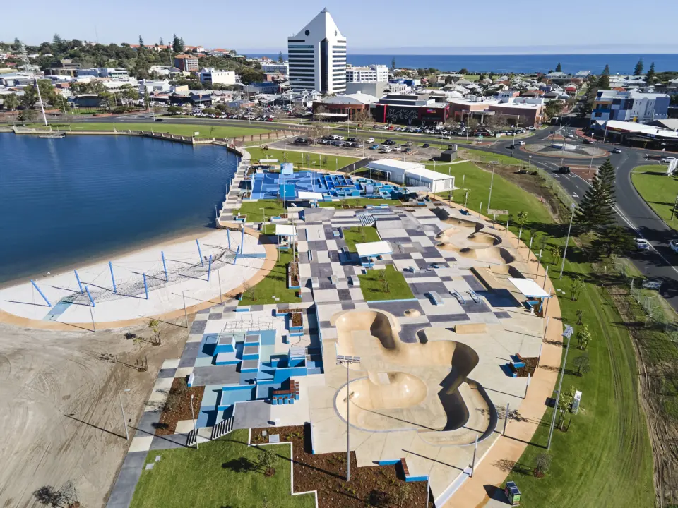 Aerial view of the Koolambidi Woola youth precinct on the Leschenault Inlet