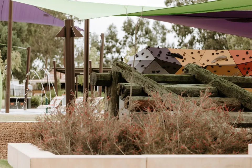 Top of the bouldering arch behind nature-play logs and flowering shrubs, with the water park's fountains to the left